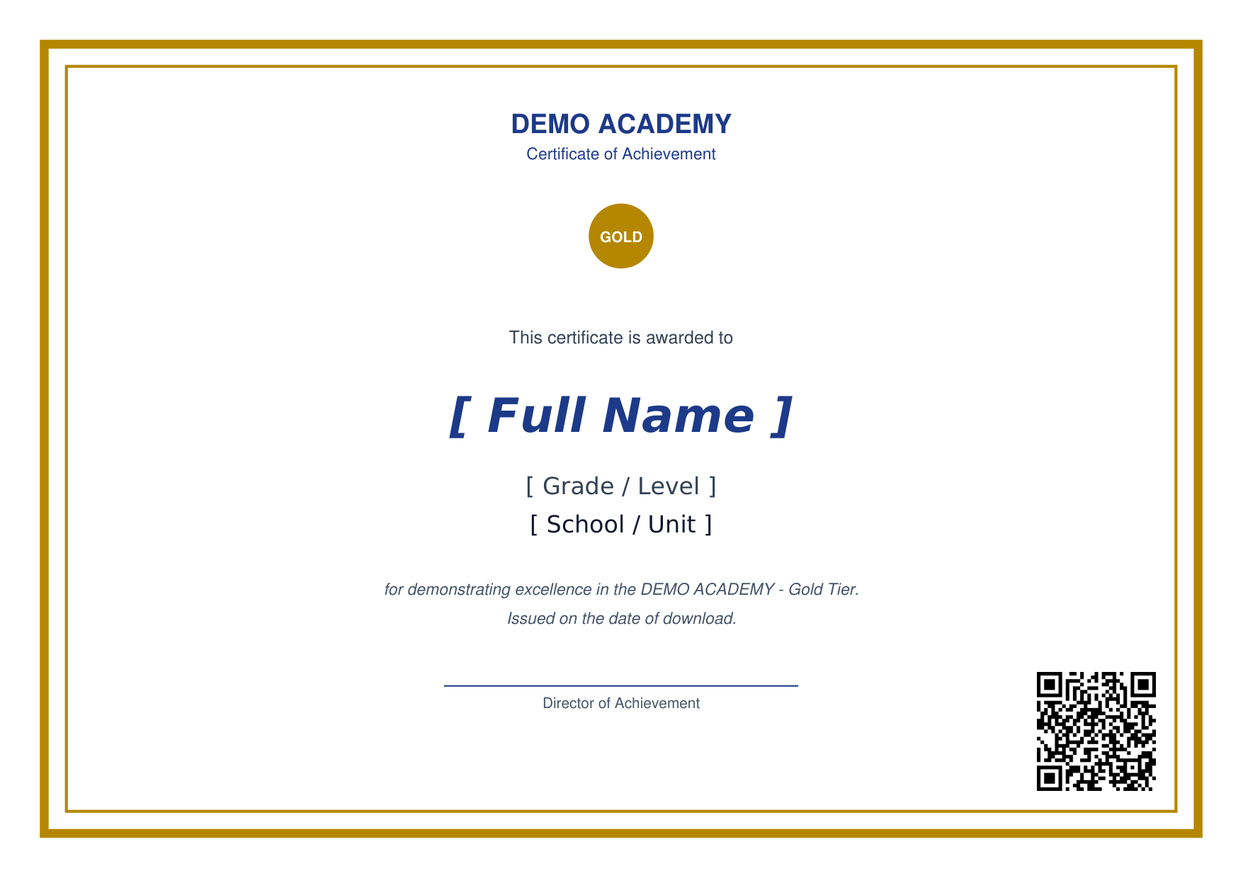 Landscape demo certificate with name, grade, school and QR