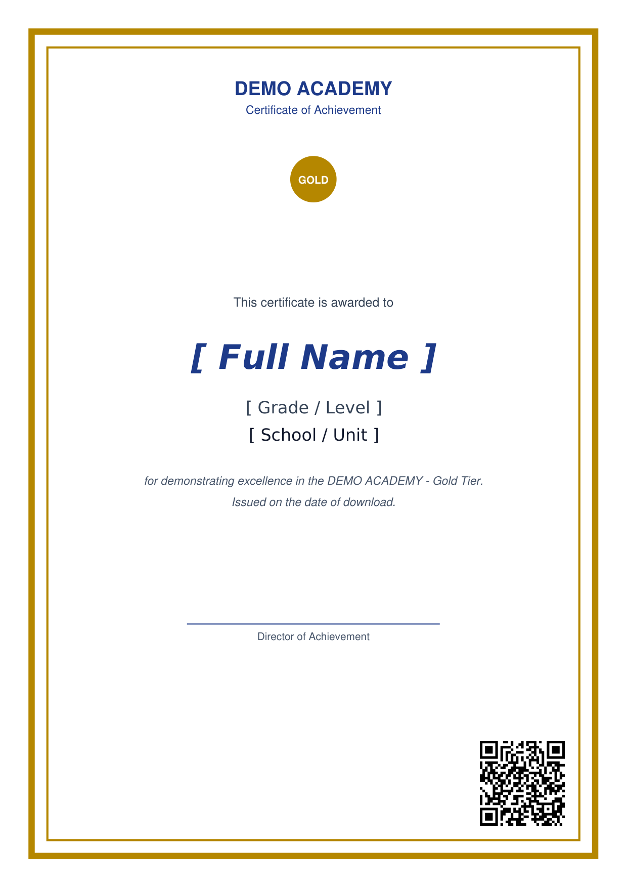 Portrait demo certificate with name, grade, school and QR
